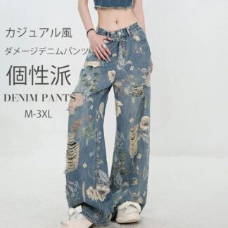ダメージ デニム ワイド パンツ レディース デニムパンツ ワイドパンツ ワイドデニム ボトムス ボトム 柄 花柄 個性 ストレート ジーンズ ロング丈 ストレートパンツ カジュアル 春