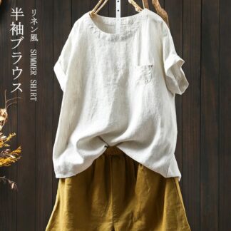 ブラウス 半袖シャツ レディース 綿麻風 夏 チェックブラウス リネン トップス シャツ Tシャツ Aライン 丸首 チェック柄 通気性 大きいサイズ ラウンドネック 通勤 OL 体型カバー