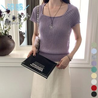 サマーニット 半袖 Tシャツ レディース 夏 ニットトップス ニット トップス カットソー tシャツ 半袖ニット スクエアネック ショート丈 薄手 涼感 細身 後ろ紐 シンプル ストレッチ 軽い 春