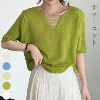 サマーニット tシャツ 半袖 レディース 春 夏 ニットtシャツ ニット Tシャツ トップス Vネック 半袖tシャツ ライトニット ティーシャツ 五分袖 無地 シアートップス カットソー サ