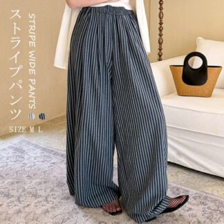 ワイドパンツ レディース ストライプ 夏 コットン ワイド パンツ ボトムス ズボン 春夏 ロング ハイウエスト ウエストゴム 長ズボン ストレート ロングパンツ フレア ロング丈 ポケット付