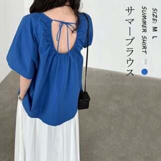 半袖ブラウス おしゃれ レディース 夏 トップス ブラウス リボン シャツ サマーブラウス 春夏 半袖シャツ 綿100% 半袖 タック入り ラウンドネック フレア 通気性 大きいサイズ 体型