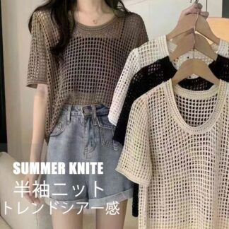 半袖ニット シアー ニット 半袖 レディース トップス サマーニット tシャツ プルオーバー 透かし編み 透け感 透かし彫り ラウンドネック ニットソー カットソー オシャレ カジュアル レ