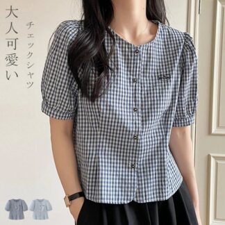 チェック柄 シャツ レディース 半袖 夏 半袖シャツ ブラウス トップス シャツブラウス チェック柄ブラウス クルーネック 半袖ブラウス 体型カバー ショート丈 バルーン袖 ぽ ゆったり