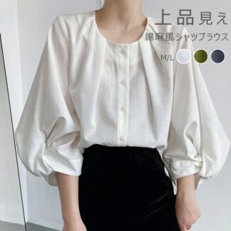 シャツ 半袖 レディース 夏 袖ボリューム シャツブラウス ブラウス トップス 七分袖シャツ タック 七分袖 フロントタック バルーン袖 大きいサイズ ぽわん袖 ロングシャツ オフィス 羽織り