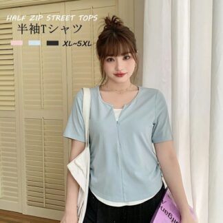 半袖tシャツ レディース Vネック トップス 夏 ハーフジップ 半袖 綿Tシャツ 春夏 シャツブラウス コットン スキッパー キーネック 着回し 体型カバー 半袖ブラウス タック ショート