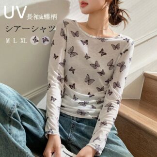 シアーシャツ 柄 ブラウス シアー レディース 夏 透け感 シアートップス UV チュニック ロンT レイヤード シースルー 長袖 tシャツ 重ね着 Uネック カジュア トップス