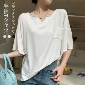 半袖tシャツ レディース Vネック スキッパーカラー カットソー トップス 半袖 五分袖 春夏 シャツブラウス スキッパー キーネック 着回し 二の腕カバー ドロップショルダー ロングＴシ