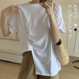 半袖tシャツ ロング レディース カットソー サイドスリット ロングＴシャツ 半袖ロンt トップス 不規則 半袖 春夏 Tシャツ Uネック コットン ラウンドネック 白tシャツ 大きいサ