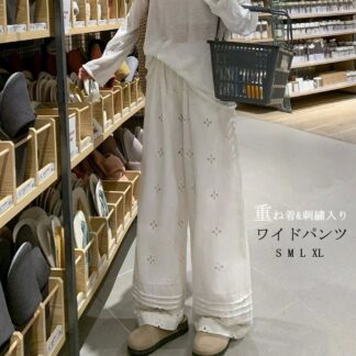 ワイドパンツ レディース レース 夏 ペチパンツ ロング イージーパンツ ハイウエスト 花柄 裾レース パンツ ボトムス ズボン 長ズボン ワイド ウエストゴム 重ね着 刺繍入り ロングパンツ