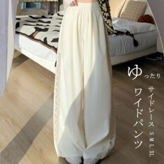 ワイドパンツ レディース レース ペチパンツ ロング イージーパンツ ハイウエスト ストレート サイドレース パンツ ボトムス ズボン ワイド ロングパンツ 刺繍入り ウエストゴム レイヤー