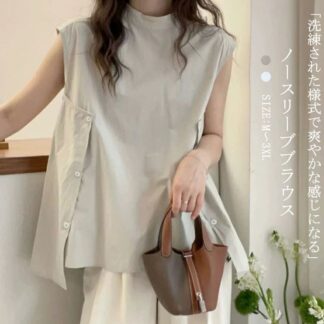 ノースリーブブラウス レディース トップス 夏 シャツブラウス ノースリーブ 袖なし Aライン ボタン付き 夏シャツ 不規則裾 Tシャツ ノースリーブシャツ 通気性 体型カバー 通勤 O
