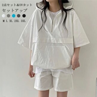 セットアップ パーカー ショートパンツ レディース 夏 トップス パンツ 半袖 フード付き ゆったり 上下セット 2点セット ウエストゴム ジップアップ 日焼け止め 大人 体型カ 春夏