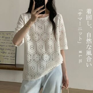 透かし編み サマーニット レディース 半袖 ニットトップス tシャツ 春夏 コットン ニットブラウス カットソ 薄手 半袖Tシャツ トップス ブラウス ニット 透け感 重ね着 クルーネ