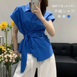 半袖シャツ レディース 襟付き 袖折り返し 半袖 シャツ 春 夏 ブラウス トップス 不規則裾 ロングシャツ シャツブラウス カジュアル リボン コットン 白シャツ 大きいサイズ 前開き 通勤