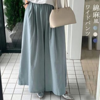 ワイドパンツ レディース 綿麻風 ワイド 春夏 ロング パンツ ボトムス ハイウエスト ズボン 長ズボン ロングパンツ ウエストゴム タック ロング丈 ポケット付き 大きいサイズ フレアパンツ