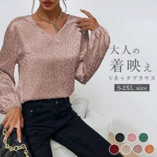 ブラウス レディース Vネック 春 秋トップス ヒョウ柄 長袖 総柄 シフォン フェミニン 着回し シンプル おしゃれ 大人 カジュアル こなれ感 早春 きれいめ 華やか オフィス フォーマル
