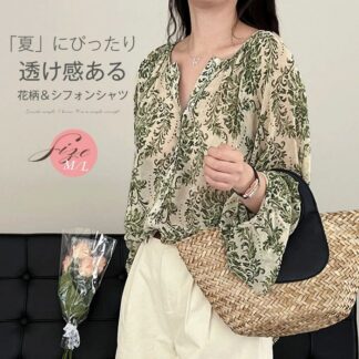 シャツ レディース トップス 花柄 透けシャツ シフォン Vネック シースルー 透け感 ゆったりサイズ ビッグシルエット 幅広カフス シンプル ボリューム感 おしゃれ カジュアル こなれ感 大き