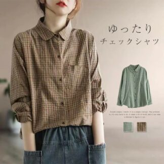 シャツ tシャツ 長袖 レディース 秋 春 チェック柄 トップス ブラウス ミディアム 春物 フリー オシャレ シンプル カジュアル フェミニン 体型カバー 着 せ 着回し