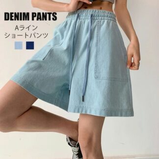 ショートパンツ 春夏 レディース ワイド パンツ デニム ハーフパンツ ボトムス ワイドパンツ ショート丈 Aライン スカーチョ ウェストゴム キュロット ショーパン おしゃれ ブルー 綿 きれいめ
