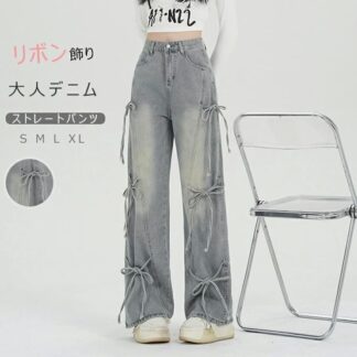 ワイドパンツ デニム リボン レディース 春 夏 秋 ガウチョパンツ ボトムス ジーンズ デニムパンツ 体型カバー ロングズボン ハイウェスト ストレートパンツ おしゃれ ゆったり カジ