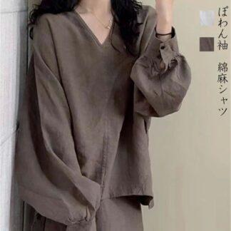 リネンシャツ レディース トップス 麻 シャツ ブラウス 亜麻ブラウス ボリューム袖 Vネック プルオーバー シアーシャツ ドルマンスリーブ シアー オーバーシャツ 長袖 コットンリネン