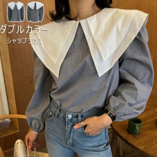 ブラウス チェック柄 レディース 春 夏 ダブルカラーチェックトップス シャツブラウス 秋 ボリューム袖 バイカラー バルーン袖 長袖 ゆったり おしゃれ 長袖ブラウス きれいめ 大人可愛い