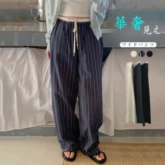 ストライプ ワイドパンツ レディース 春 夏 秋 ロング丈ワイドパンツ ボトムス 無地＆ストライプ ストレートパンツ バイカラー ワイド ウエストゴム ウエスト紐 ストライプ柄 美シルエッ