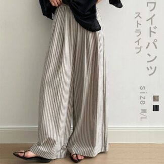 ワイドパンツ ストライプ レディース ハイウエスト パンツ ボトムス ズボン 長ズボン ワイド 縦縞 ストライプパンツ ストレートパンツ フレア ロング丈 ポケット付き 大きいサイズ 体
