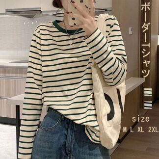 Tシャツ ボーダー レディース カットソー 長袖 シャツ tシャツ インナー トップス ボーダーtシャツ ブラウス ラウンドネック 綿 細縞 大きいサイズ ゆったり 大人 かわいい おしゃれ