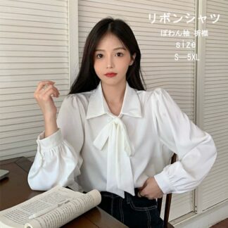 ボウタイブラウス レディース リボン ボウタイ 長袖 長袖シャツ リボンブラウス 襟付き トップス シャツ Tシャツ 軽い 薄い 無地 折襟 バルーン袖 ぽわん袖 通気性 大きいサイズ 通勤 前開き