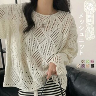 メッシュニット レディース ブラウス 透かし編み ニット 夏 透ける 透け彫り メッシュ トップス ボリューム袖 長袖 カットソー ラウンドネック カジュアル 柔らかい 体型カバー オーバーサ