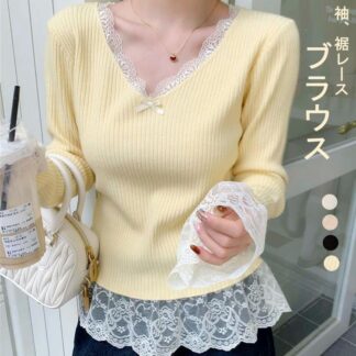 レースブラウス レディース レース トップス レースインナー 長袖 カットソー シャツ tシャツ インナー ロンT ニット Vネック レースネック 重ね着 シンプル レース裾 レース袖 カジュア