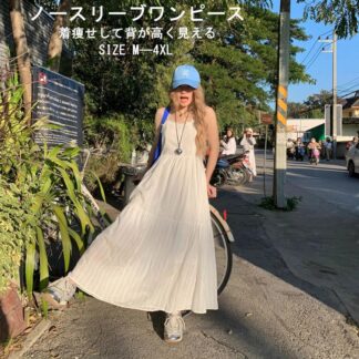 ノースリーブワンピース レディース Aライン ワンピース レースネック フレア ドッキング プリーツ ドッキングワンピース ロングワンピース マキシワンピース 無地 ラウンドネック 夏 大きい