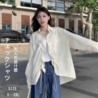 チェックシャツ レディース 長袖 長袖シャツ チェック トップス シャツ Tシャツ ロングシャツ 折襟 ロング丈 前開き 春夏 薄手 ゆったり 大きいサイズ ボリューム袖 ドロスト シンプ