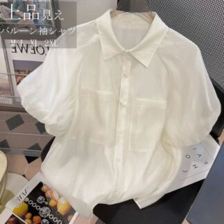 シフォン 半袖 シャツ レディース 夏 春 ロング半袖ブラウス シャツブラウス トップス 白 折襟 バルーン袖 おしゃれ 透け感 レギュラーカラー 体型カバー 通勤 薄手 きれいめ 仕事 ボリューム