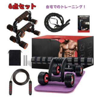 腹筋ローラー 四輪腹筋ローラー プッシュアップバー ストレッチチューブ 6点セット トレーニング SET 縄跳び マット 筋トレ セット 健康器具 フィットネス ジャンプロープ 在宅 運