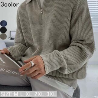 長袖セーター メンズ ニット プルオーバー ニットセーター 襟付き メンズセーター 秋服 秋物 冬服 厚手 冬 ゆったり 暖かい 韓国 秋 秋冬 お兄系 通勤 通学 大人 無地 グレー カーキ