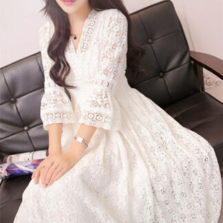 人気 結婚式 フォーマル パーティードレス大きいサイズ レディースドレス総レースワンピース結婚式 ドレス 透け感 白ワンピース 膝丈 ミモレ丈 ミディアム丈 レース 長袖 無地 ワンピース