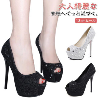 結婚式 靴 美脚 キャバサンダル ハイヒール レディース キャバ ヒール パンプス 美脚パンプス オープントゥ ラインストーンパンプス キラキラ ウェディングシュー 21~24.5cmサイズ