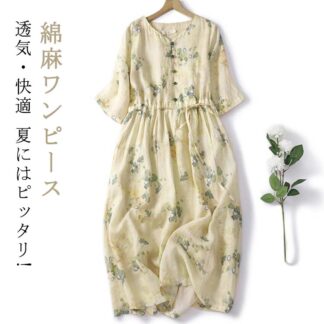 体型カバー 綿麻ワンピ おしゃれ ロング 春 ミドル丈ワンピース 半袖 レディース きれいめ 通気 シンプル ワンピース 通勤 オフェンス OL お出かけ ゆったり 薄手 夏 カジュアル 綿麻