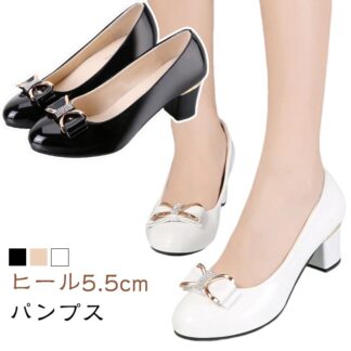 ヒール5.5cm ポインテッドトゥ リボン 女性用 靴 レディース パンプス ミドルヒール ラインストーン キラキラ おしゃれ 上品 きれいめ エナメル