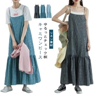 ジャンパースカート 麻 リネン キャミワンピース サロペット レディース スカート 夏 チェック柄 キャミソールワンピ フレアワンピース オールインワン キャミソール ゆったり 着痩せ ジャンスカ