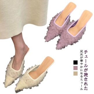 ローヒール レース チュール パンプス ミュール シューズ バレエ レディース スクエアトゥ 安定 歩きやすい フレンチヒール 透け 上品 フェミニン 春 美脚