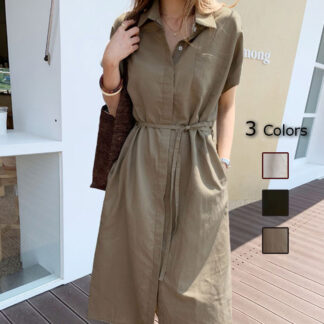ワンピース レディース 夏 きれいめ 無地 黒 ロングワンピース 半袖 シャツワンピース ファッション 結婚式 Aライン ロング丈 痩せる リボン お洒落 体型カバー 大人 可愛い 着痩せ ゆったり