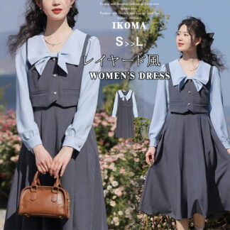 ワンピース レディース 制服風 レイヤード風 ワンピ 膝下 長袖 セーラーカラー Aライン フレア カジュアル かわいい 可愛い ゆったり 体型カバー 春秋 シャツ風