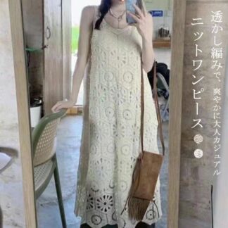 ニットワンピース ノースリーブ レディース 夏 ロングワンピース ジレワンピース 袖なし Iライン 透かし編み 春夏 ノースリーブワンピース レース 刺繍 レイヤード レースワンピース リ