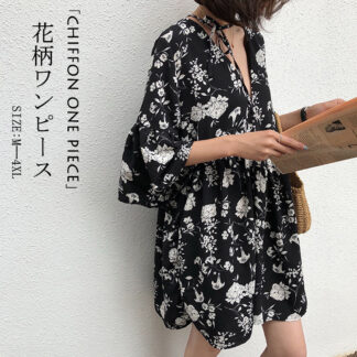 花柄ワンピース レディース 夏 半袖 膝丈ワンピース ミニ ショートワンピース 花柄 ワンピース シフォン フレアワンピース ミニワンピ Vネック Aライン フレア袖 プリント 五分袖 V