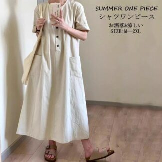 シャツワンピース レディース 前開き 綿麻風 半袖 リネンワンピース 夏 ロングワンピース Aライン ロング ワンピース フレア ラウンドネック Aラインワンピース 無地 ボタン付き