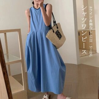 シャツワンピース レディース ノースリーブワンピース 夏 コクーンワンピース ロングワンピース Aライン ロング ワンピース フレア ラウンドネック マキシワンピース ハイウエスト ノースリ